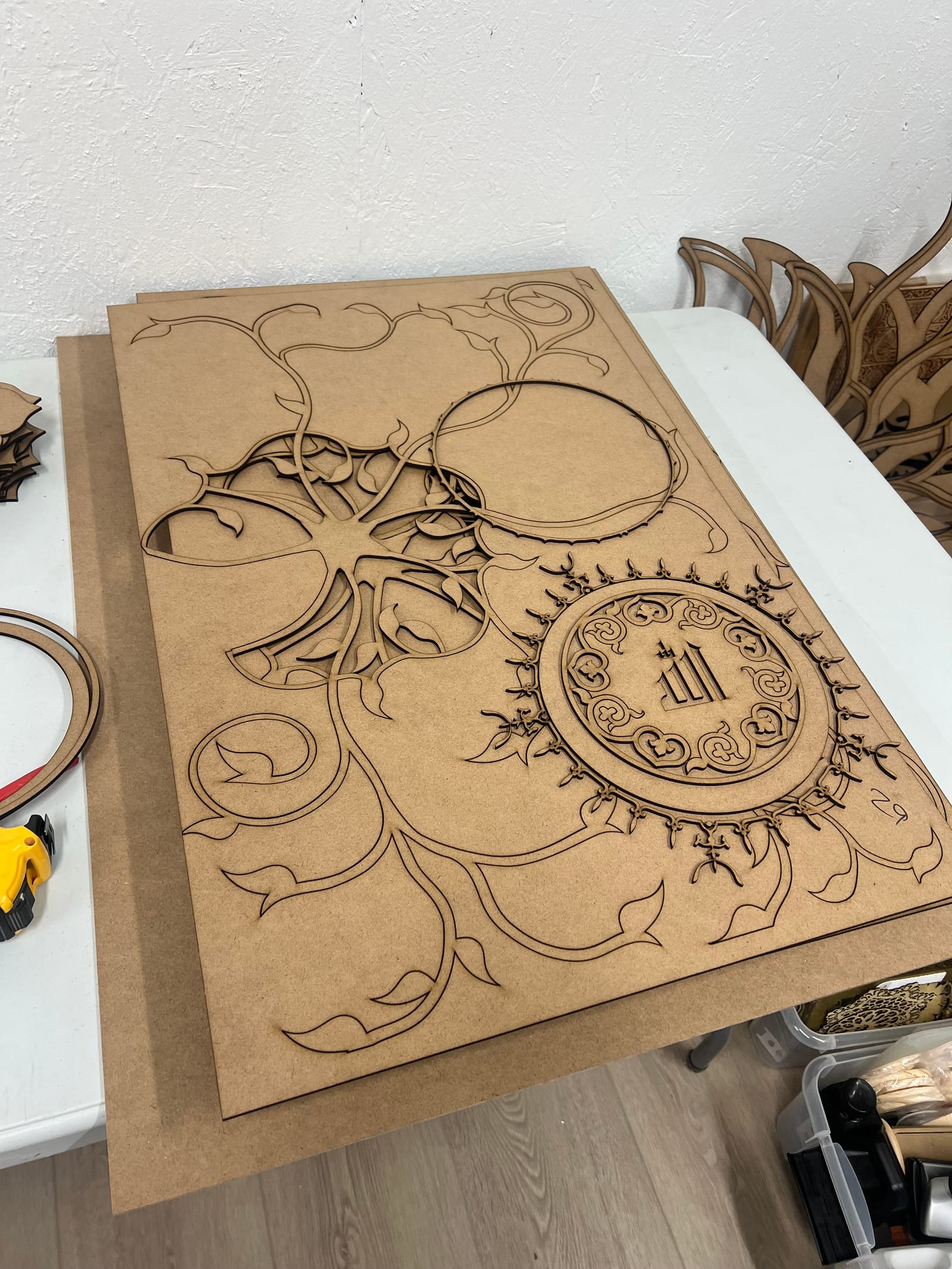 A freshly cut sunshine pattern layer on the workbench.